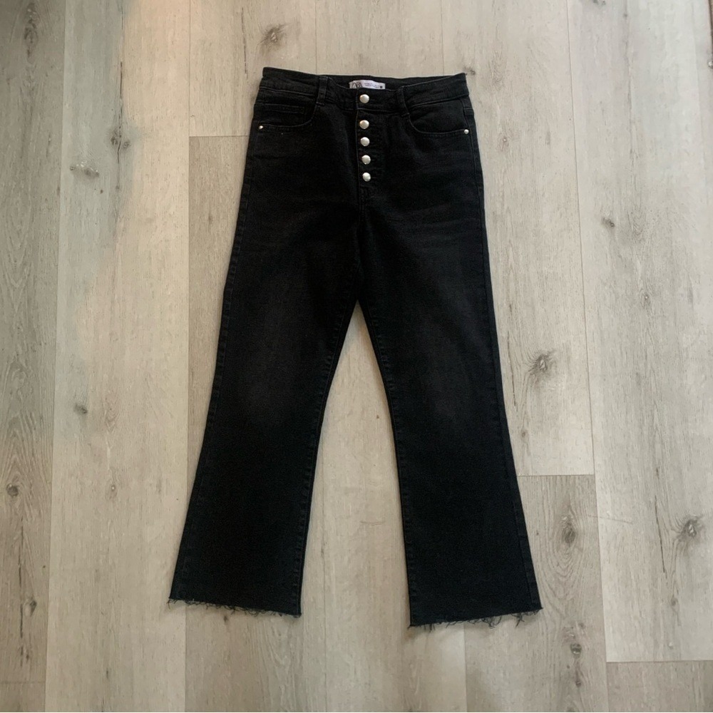 Zara Womens High Waisted Button Fly Raw Hem Jeans Black Size 8 EUR 40